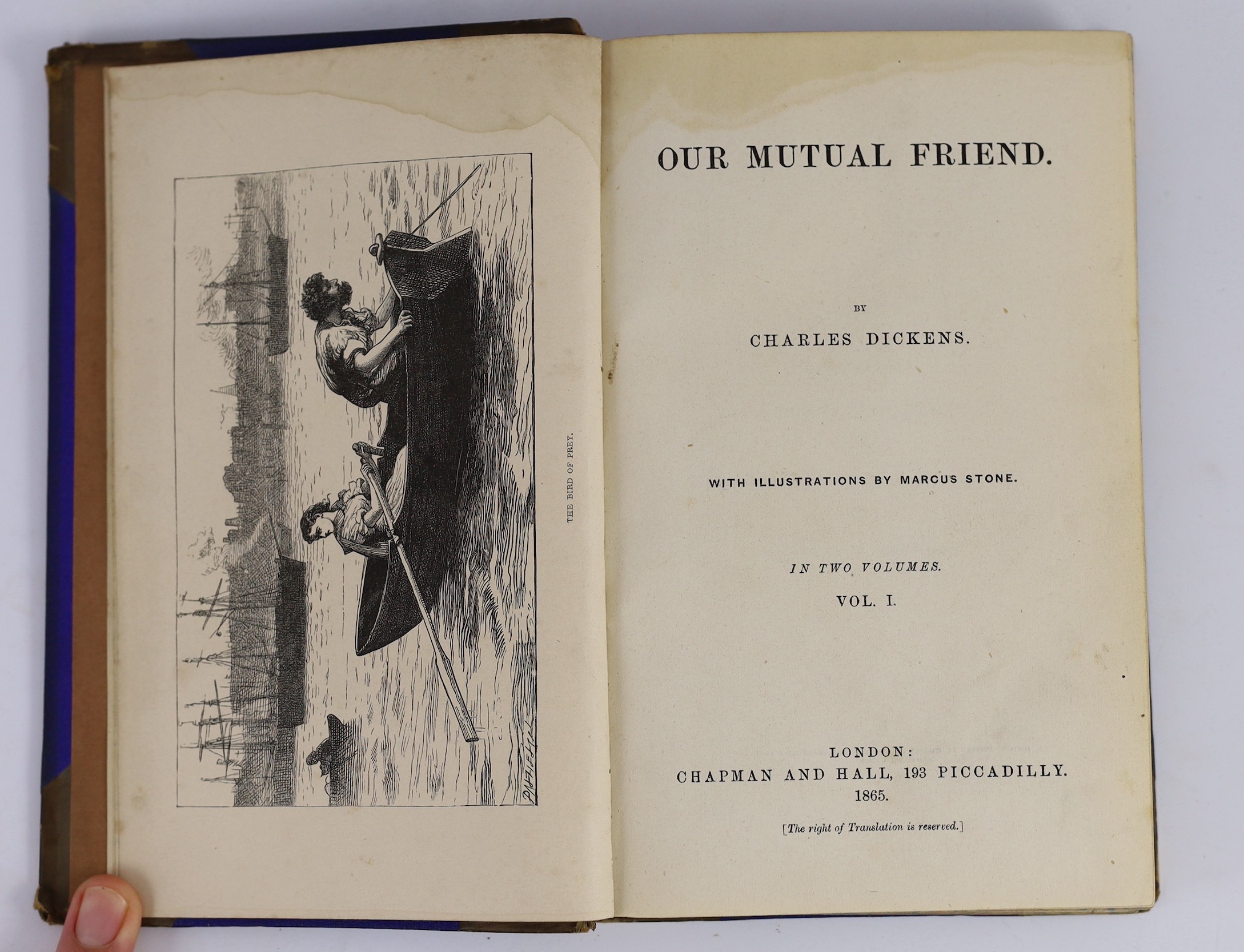 Dickens, Charles - Our Mutual Friend, 1st edition in book form, 2 vols, 8vo, quarter calf, cloth boards, illustrated with 40 plates by Marcus Stone, loss to upper section of vol.2 spine, tear to upper section Vol. 1 spin